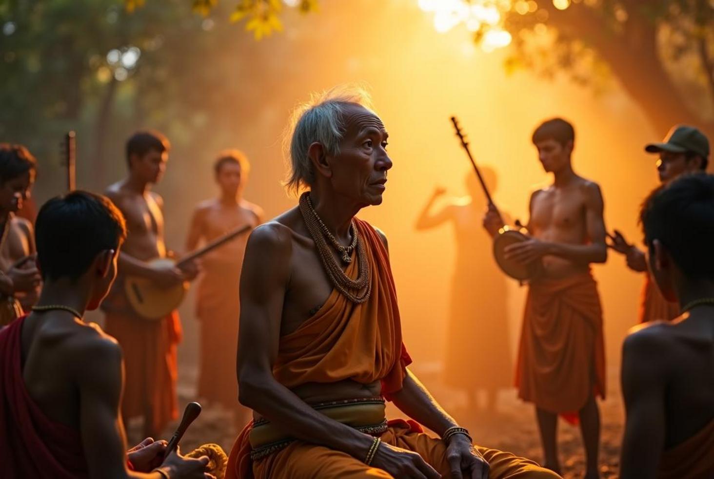 Một nghi lễ thờ thần Arak truyền thống của người Khmer Nam Bộ, với các nhạc cụ dân tộc và không khí linh thiêng.